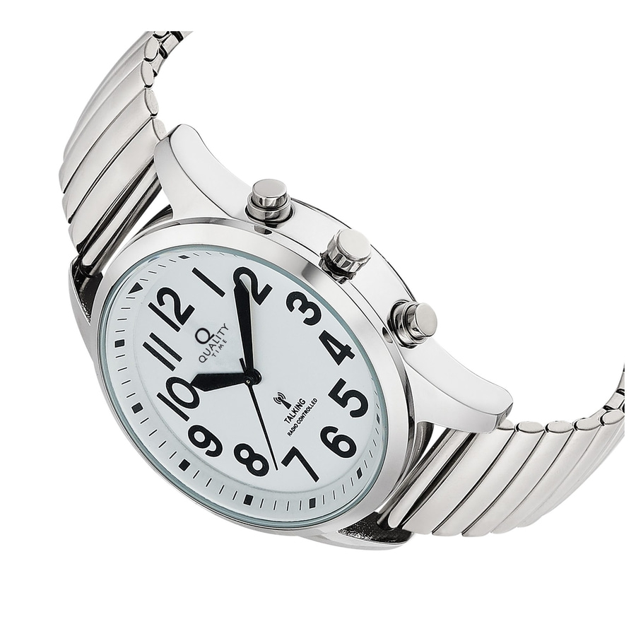 Ein silberner Armbanduhr mit weißem Zifferblatt und schwarzen Zahlen