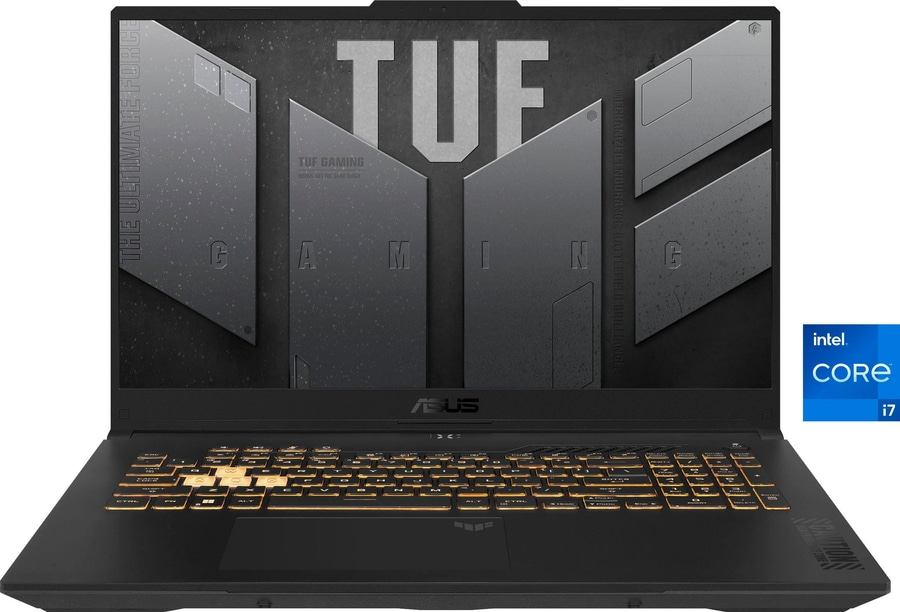 Schwarzer Laptop mit beleuchteter Tastatur und Intel Core i7-Logo. TUF Gaming.