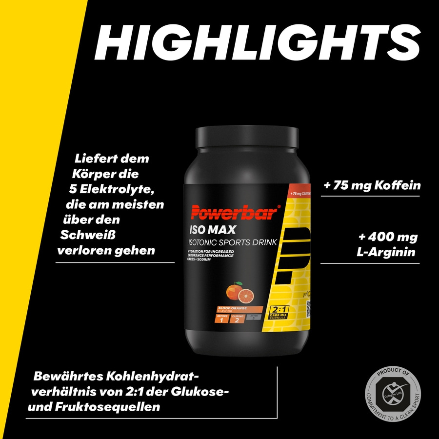 POWERBAR Isomax Blood Orange 1200g Isotonisches Sportgetränk Pulver 75mg Koffein