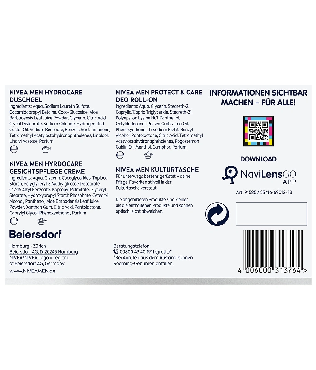 NIVEA MEN Hydrocare Duschgel und Gesichtscreme, Protect & Care Deo Roll-On, Kulturtasche