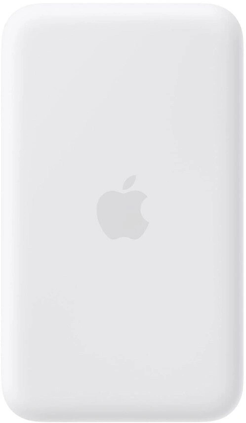 Ein weißes Apple-Ladegerät mit dem Apple-Logo in der Mitte.