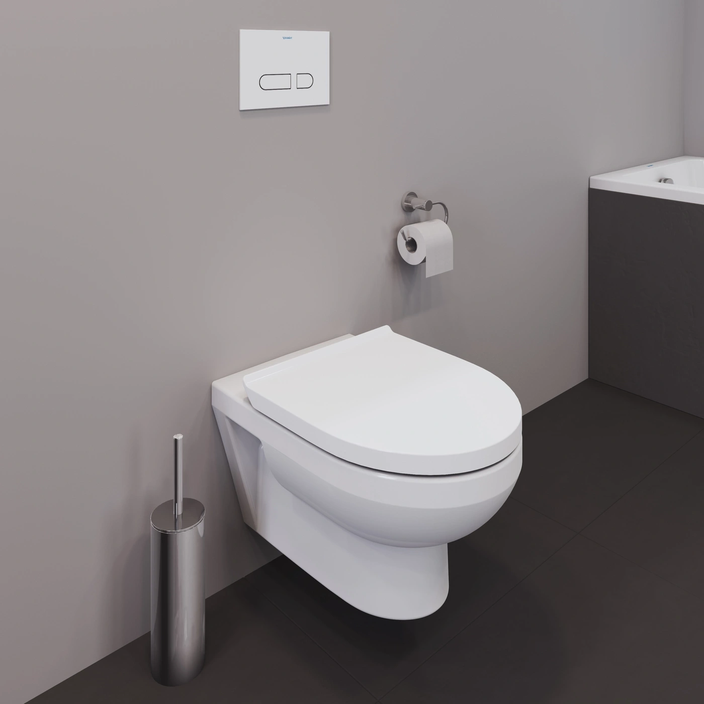 Eine schwebende weiße Toilette mit Spülkasten und Toilettenpapierhalter im Badezimmer.