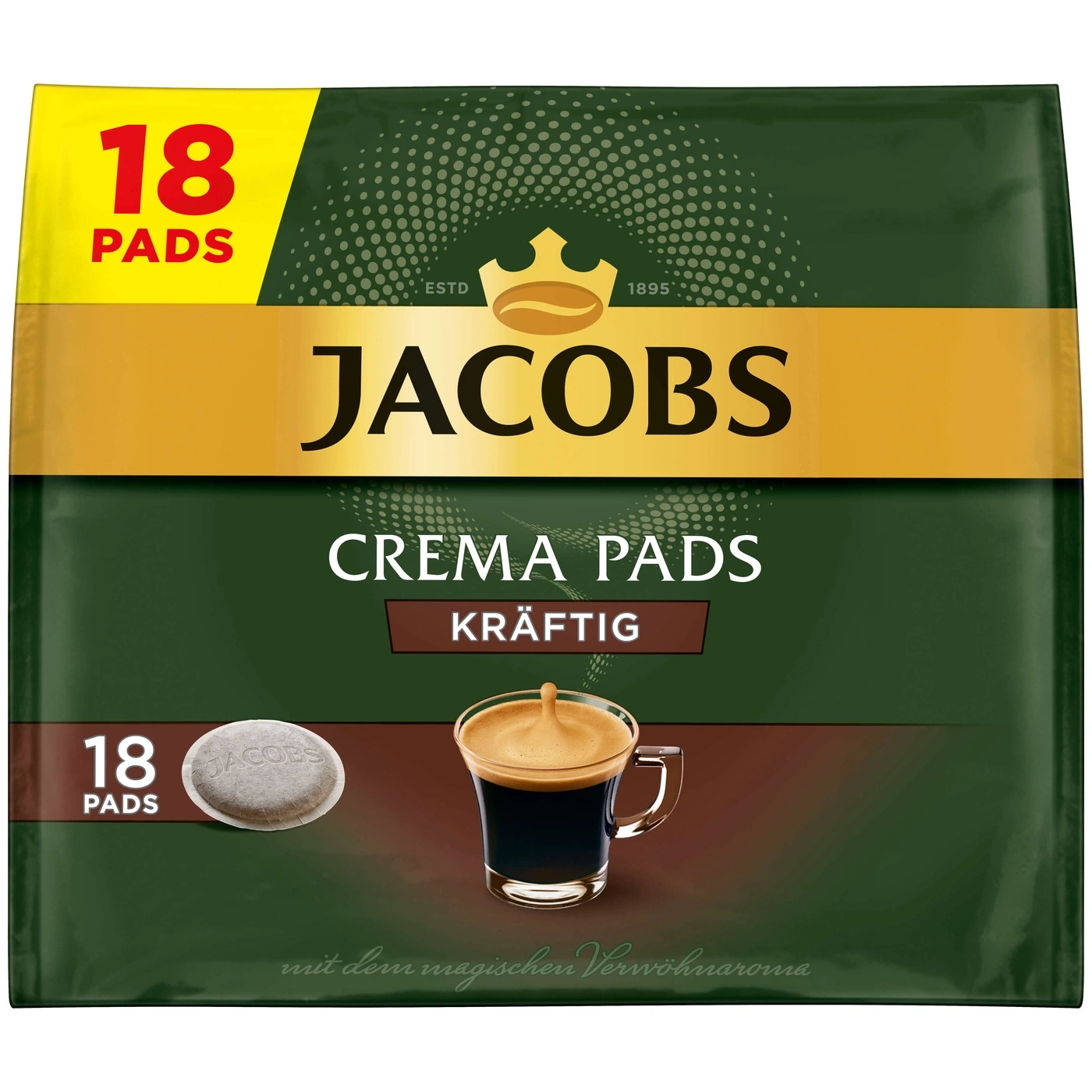 Jacobs Crema Pads, 18 Stück, Kaffee, kräftig, mit magischem Verwöhnaroma