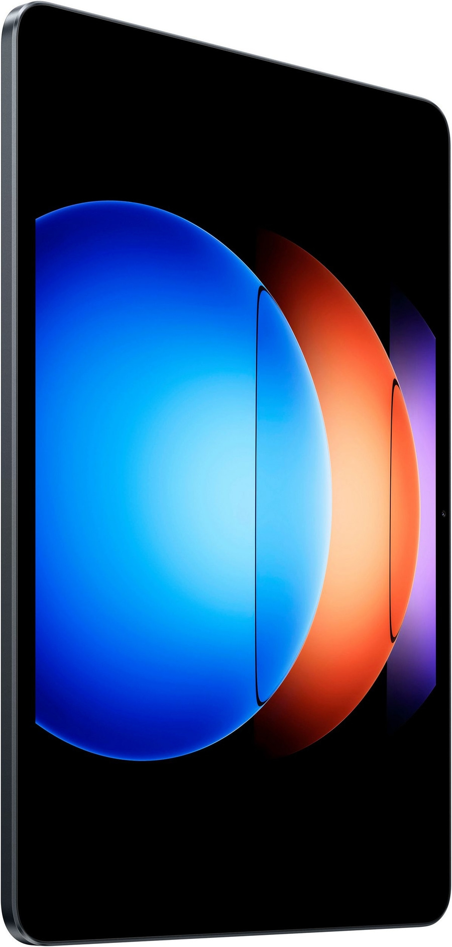 Tablet mit blau-orangefarbenem Hintergrund, schwarzer Rahmen, modernes Design, Technologie