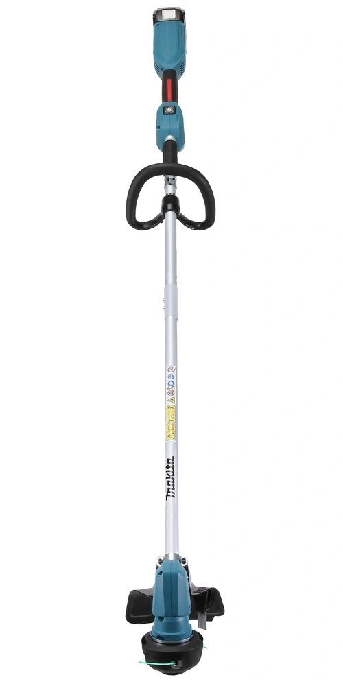 Ein kabelloser Trimmer von Makita steht auf einem weißen Hintergrund.