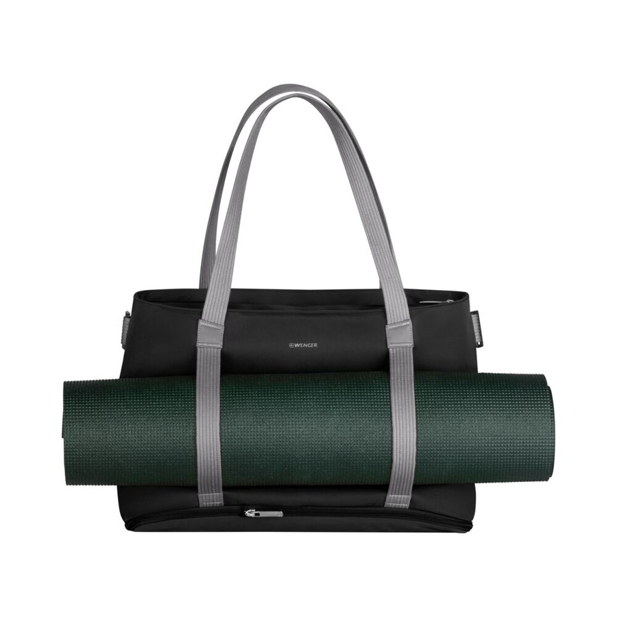 Schwarze Tasche mit Yogamatte und grauen Trägern, Wenger-Logo.