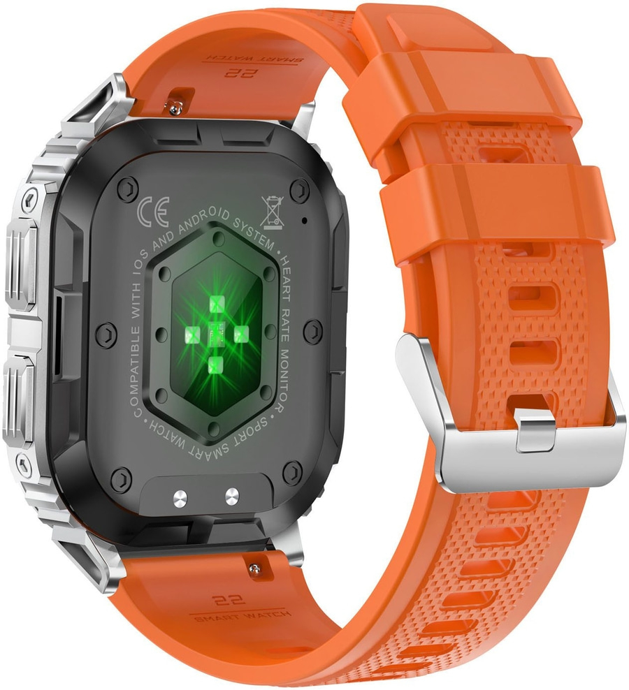 Smartwatch mit Herzfrequenzmonitor und orangefarbenem Armband
