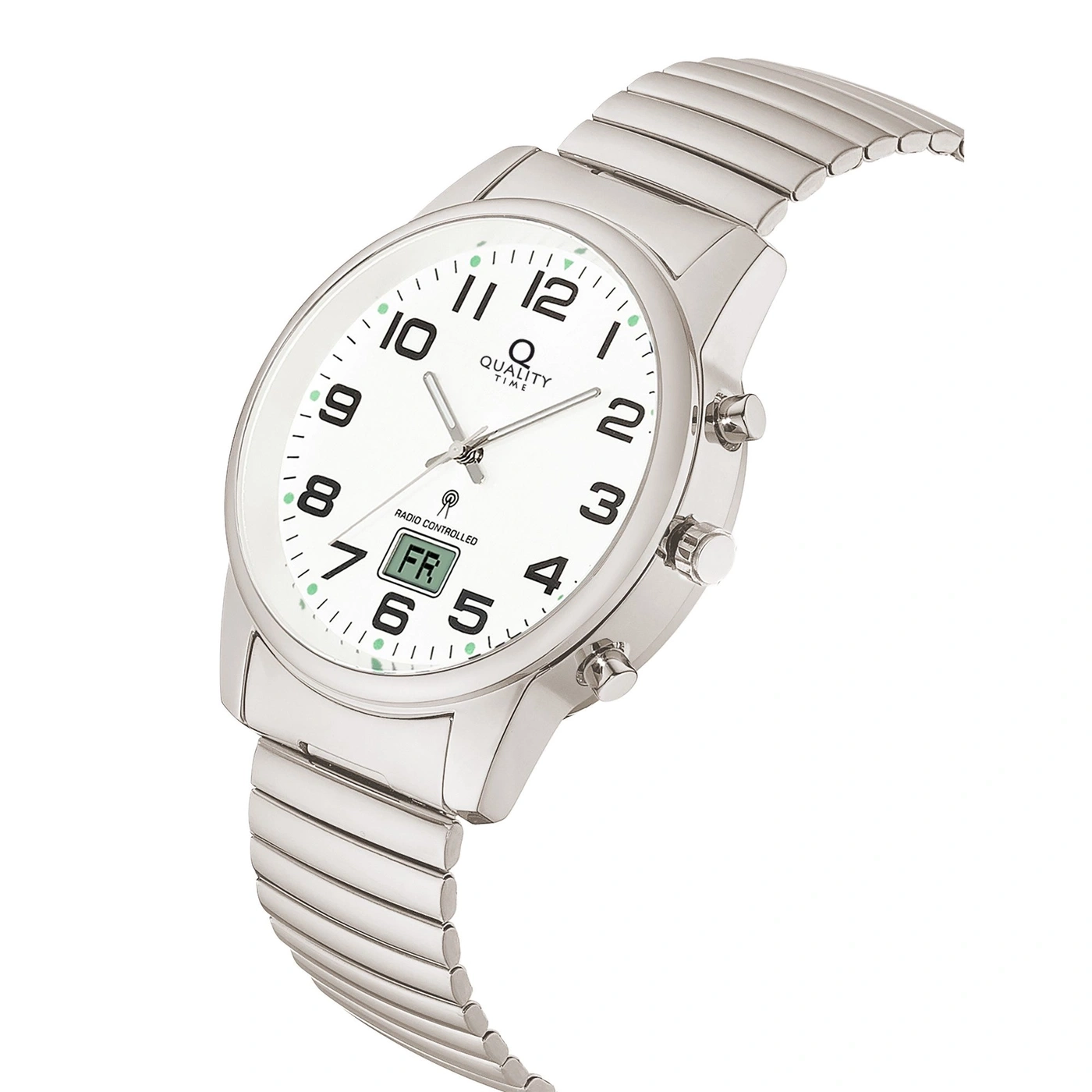 Eine silberne Armbanduhr mit weißem Zifferblatt und digitaler Anzeige.