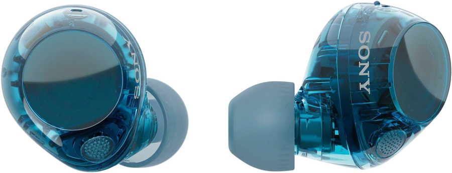 Transparente blaue Sony Ohrhörer mit silbernem Logo auf weißem Hintergrund