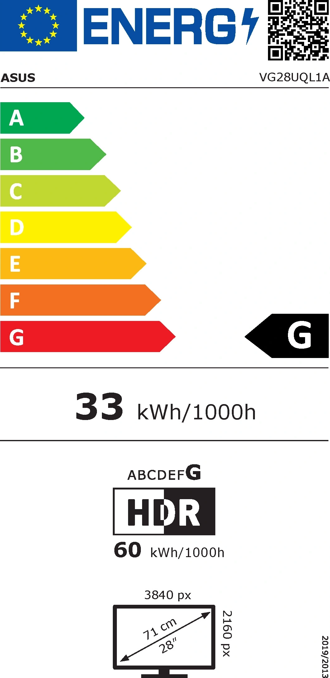 Energieeffizienzlabel für einen ASUS Monitor mit Energieklasse G und 33 kWh/1000h Verbrauch.