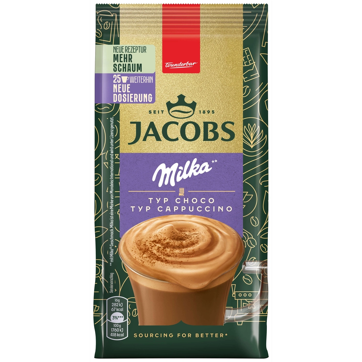 Jacobs Milka Cappuccino Packung mit neuem Rezept und mehr Schaum.