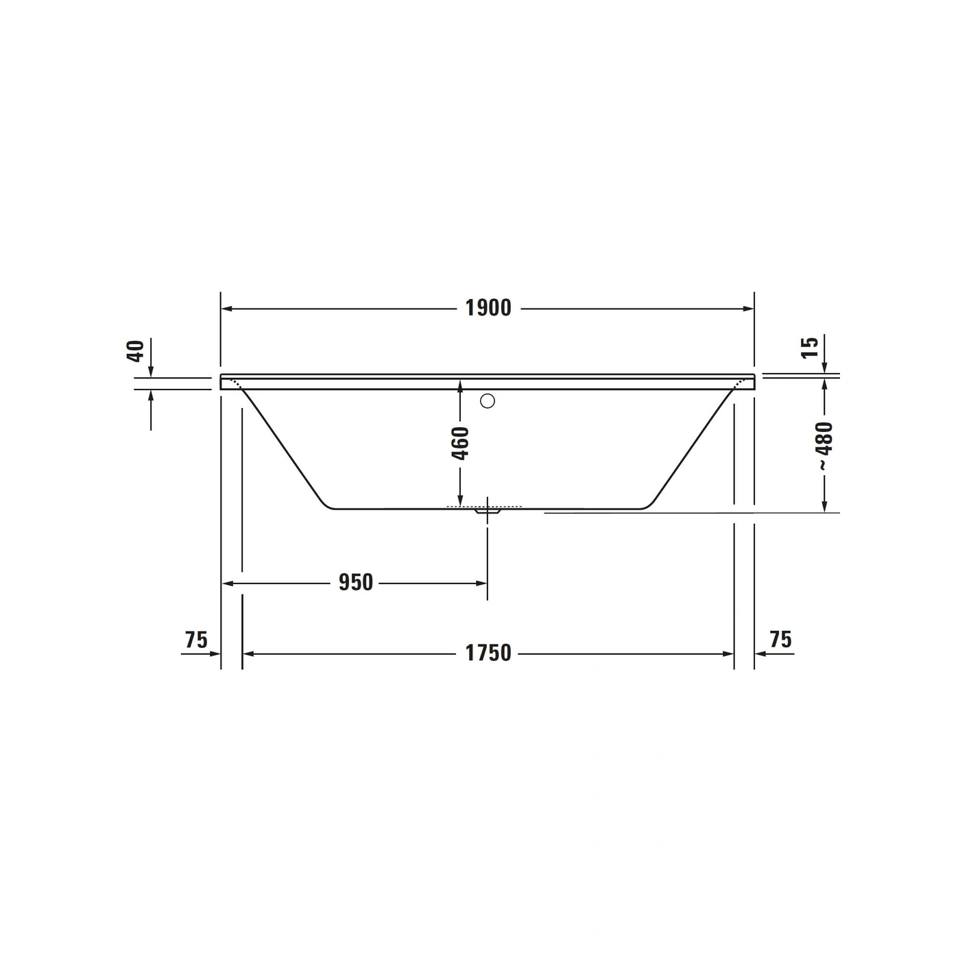 Badewanne mit Maßen: 1900x950x480mm, 40mm Rand, 75mm Abstand, 460mm Tiefe
