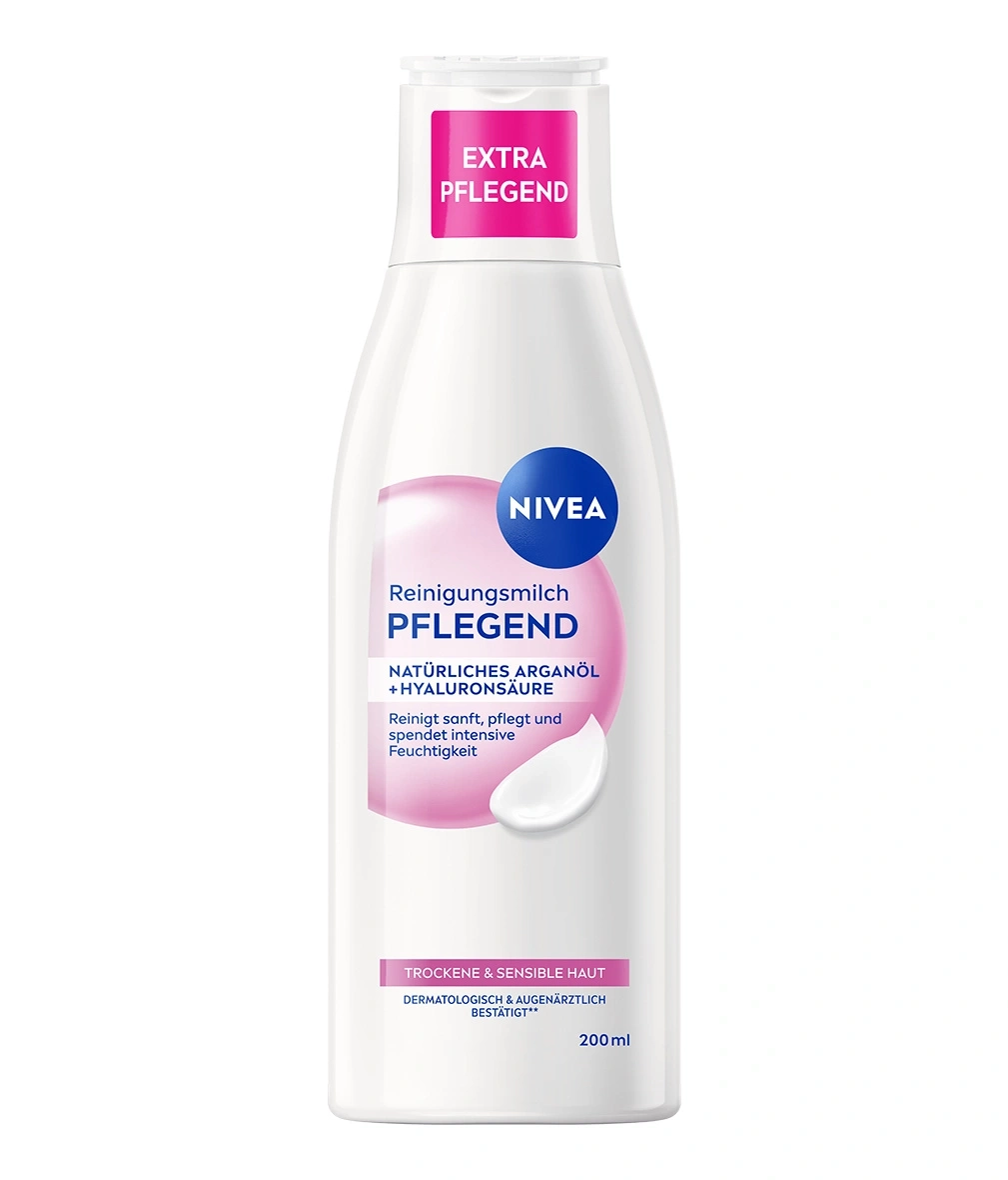 Nivea Reinigungsmilch mit Arganöl und Hyaluronsäure für trockene Haut.
