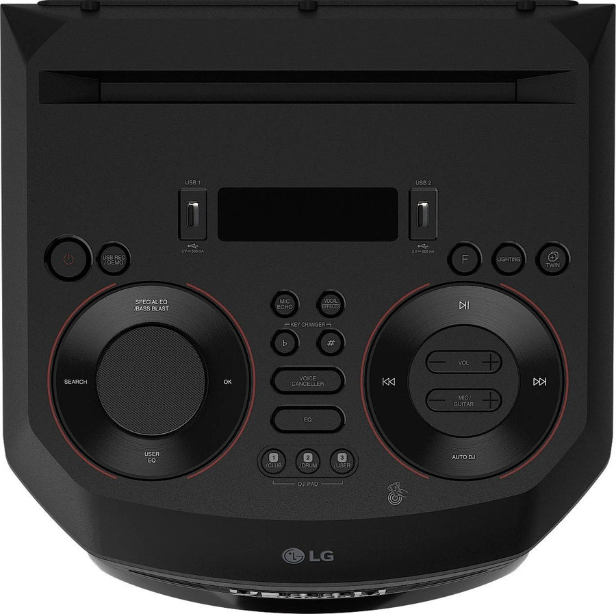 Schwarzer LG-Lautsprecher mit vielen Knöpfen und Anschlüssen für Musikwiedergabe.