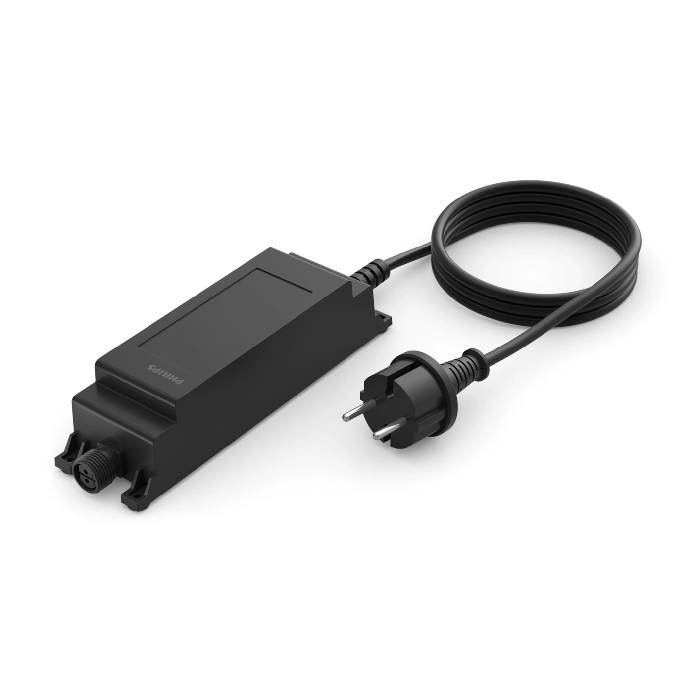 Schwarzes Netzteil mit Kabel und Stecker, Philips-Logo, Stromversorgung