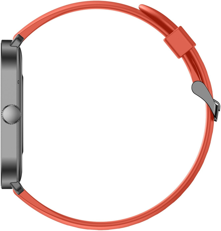 Eine Smartwatch mit einem korallenfarbenen Band und einem silbernen Gehäuse.