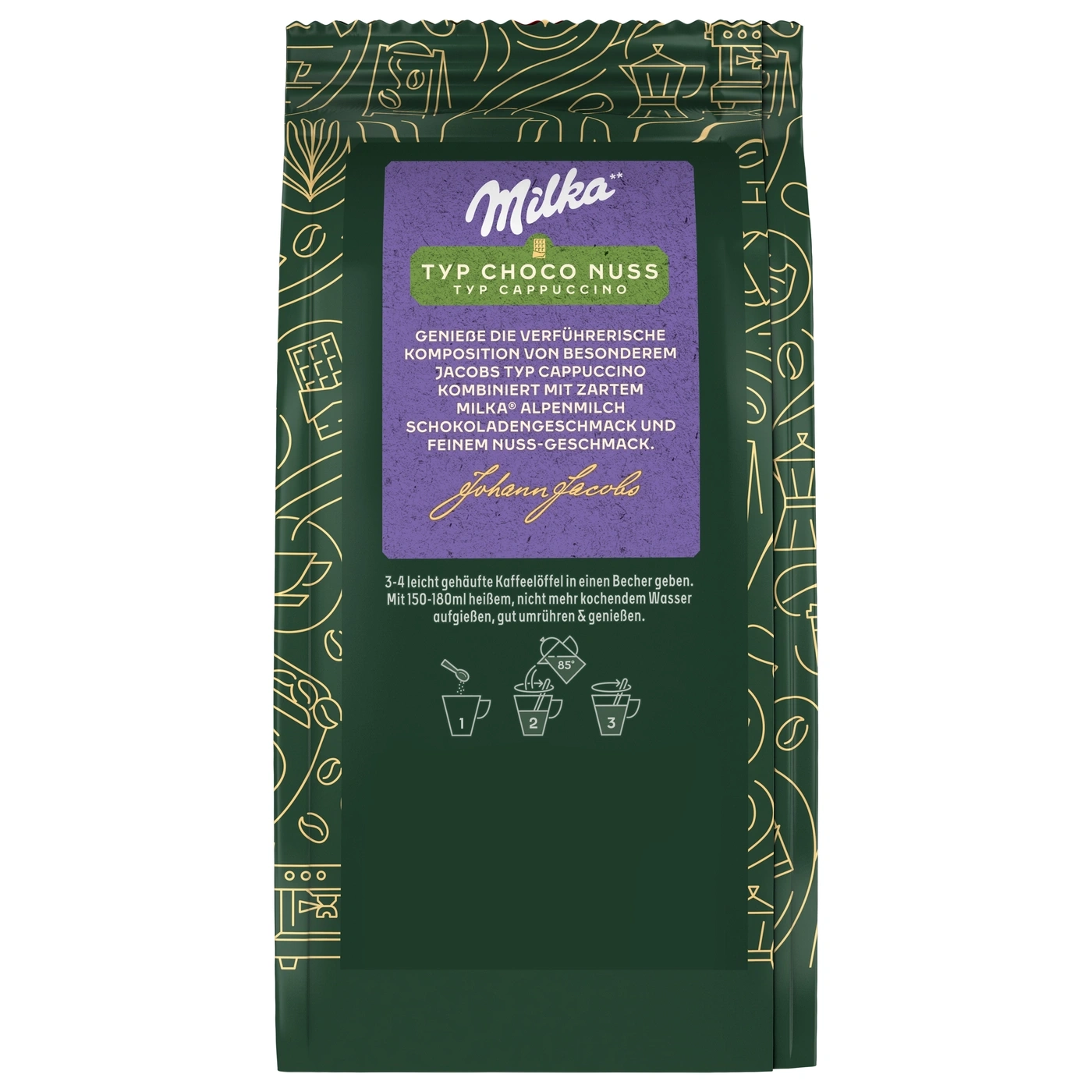 Milka Jacobs Typ Choco Nuss Cappuccino Kaffeepulver mit Zubereitungshinweisen.