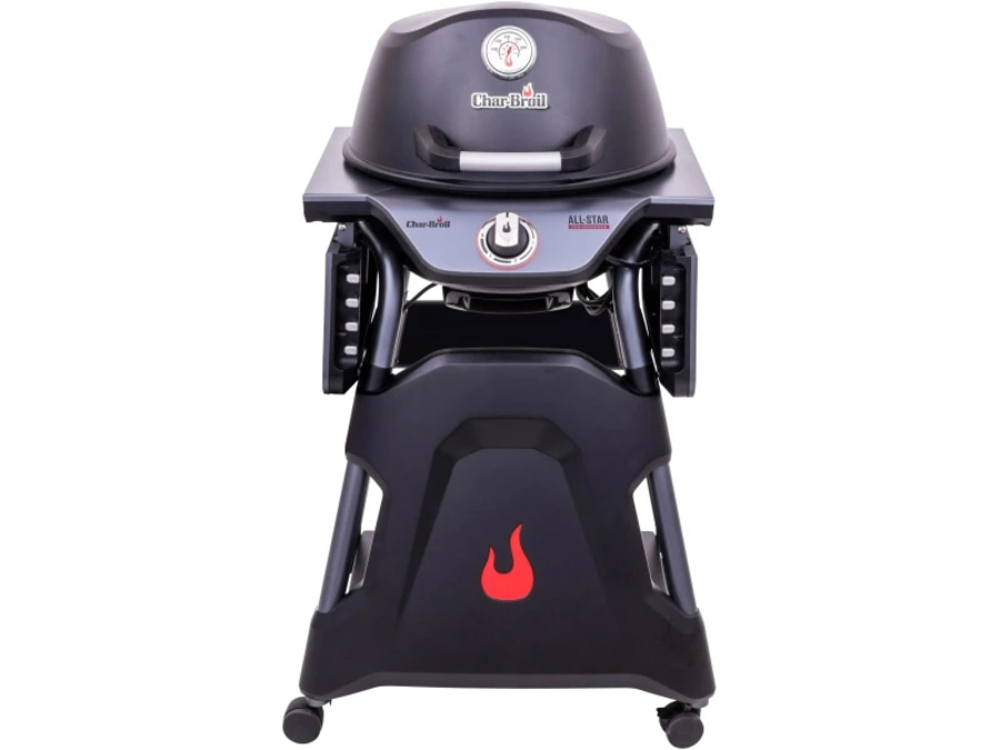 Schwarzer Char-Broil All-Star Gasgrill mit rotem Flammenlogo und Rädern