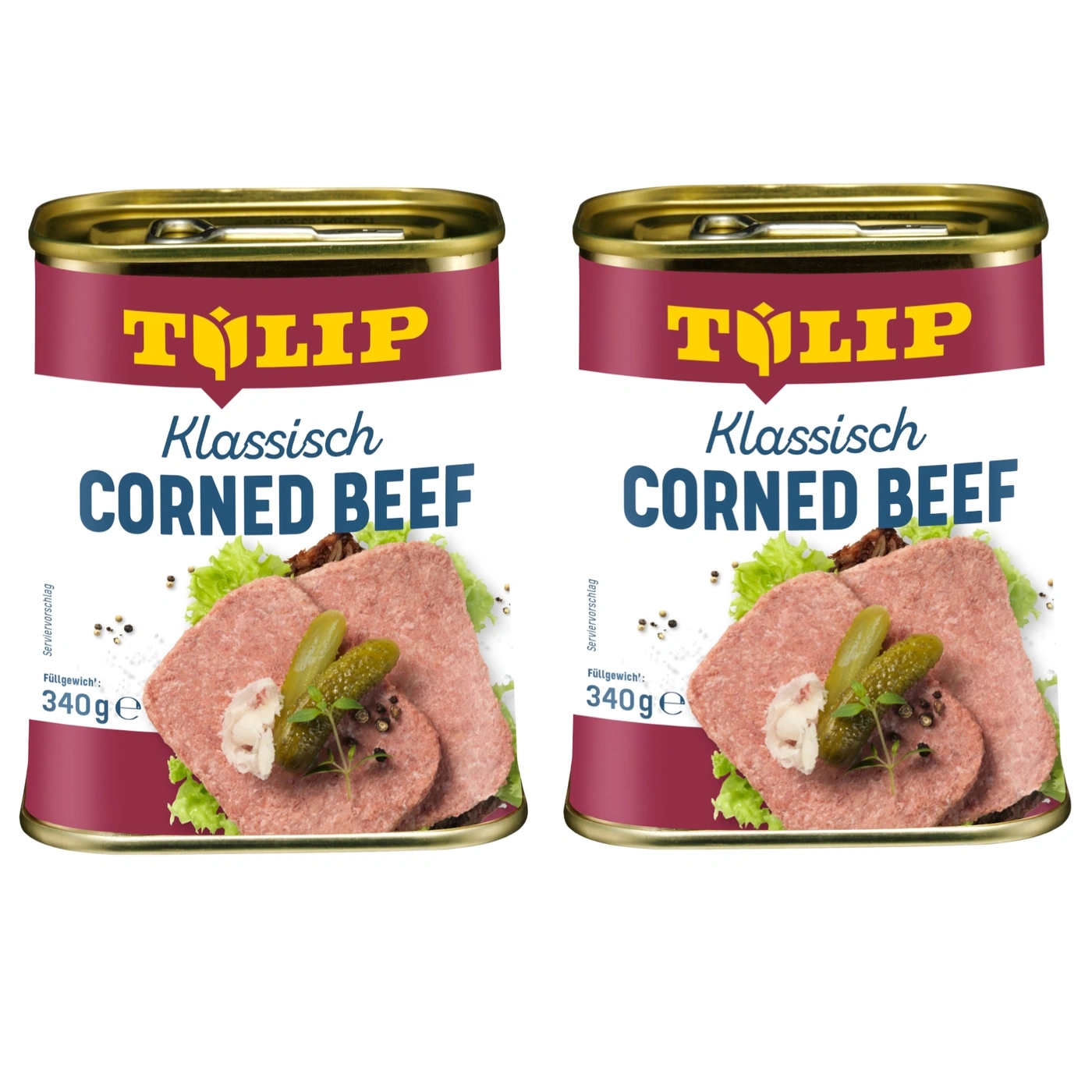 Zwei Dosen Corned Beef von Tulip, Klassisch, 340g, Serviervorschlag, mit Gurken und Gewürzen.