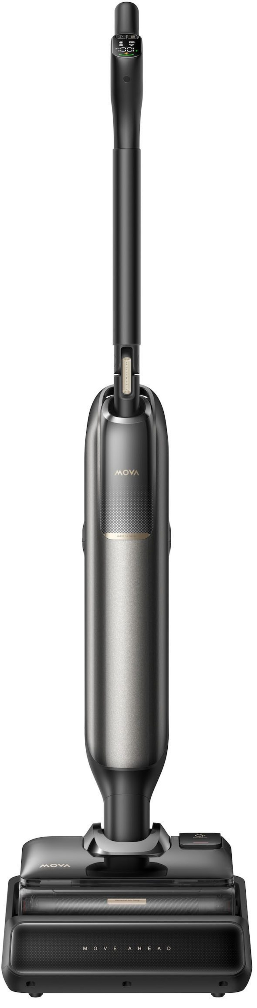 Schwarzer Staubsauger mit digitalem Display und goldenem Logo