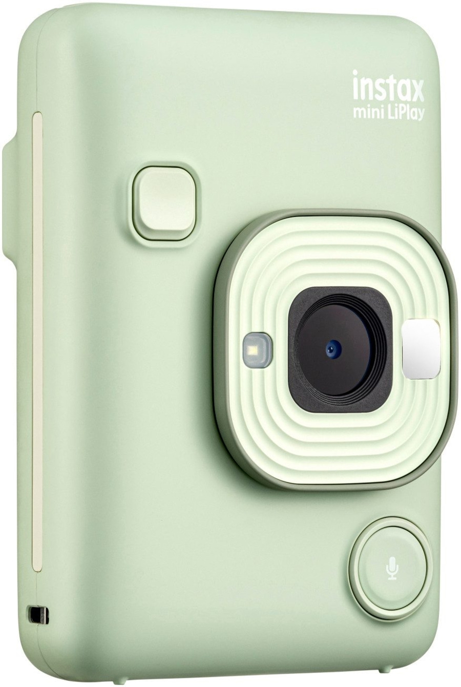 Instax Mini LiPlay Kamera in Mintgrün. Schlichtes Design, Kameraobjektiv.