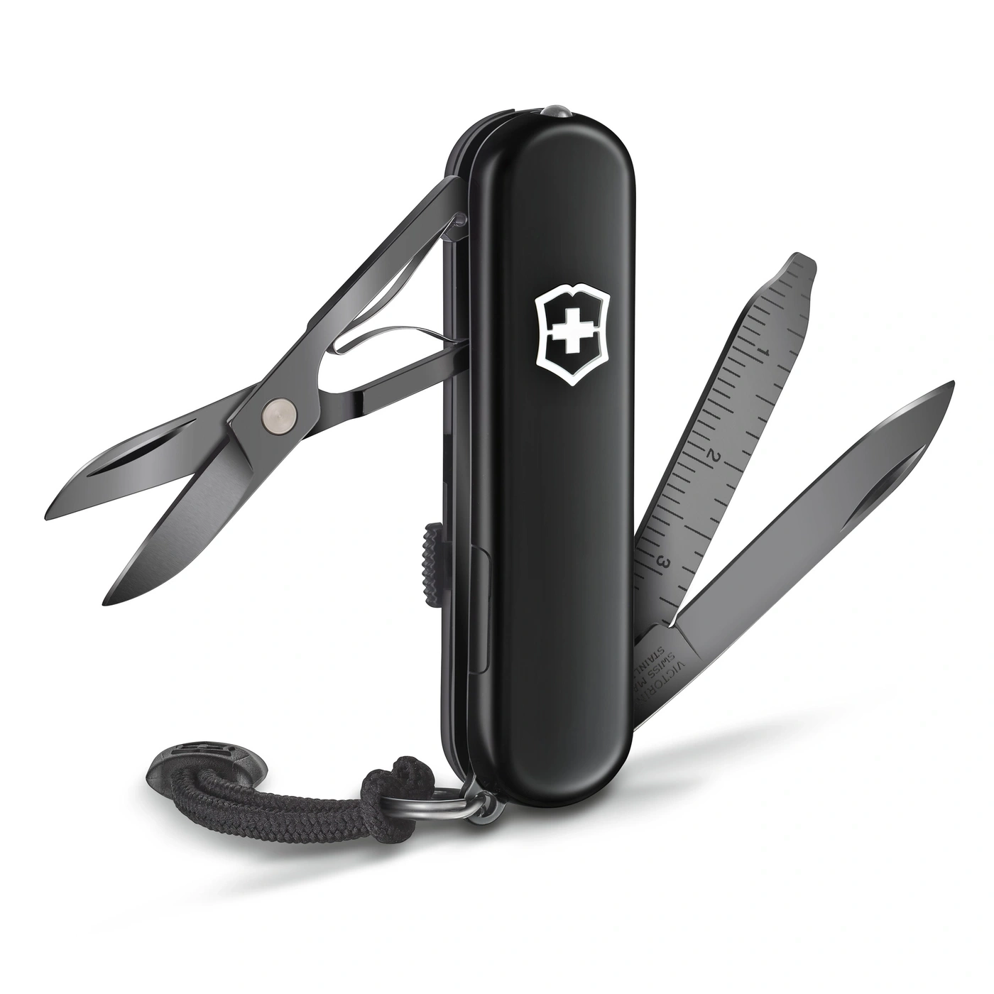 Schwarzes Schweizer Taschenmesser mit Schere, Messer und Lineal, Nahaufnahme
