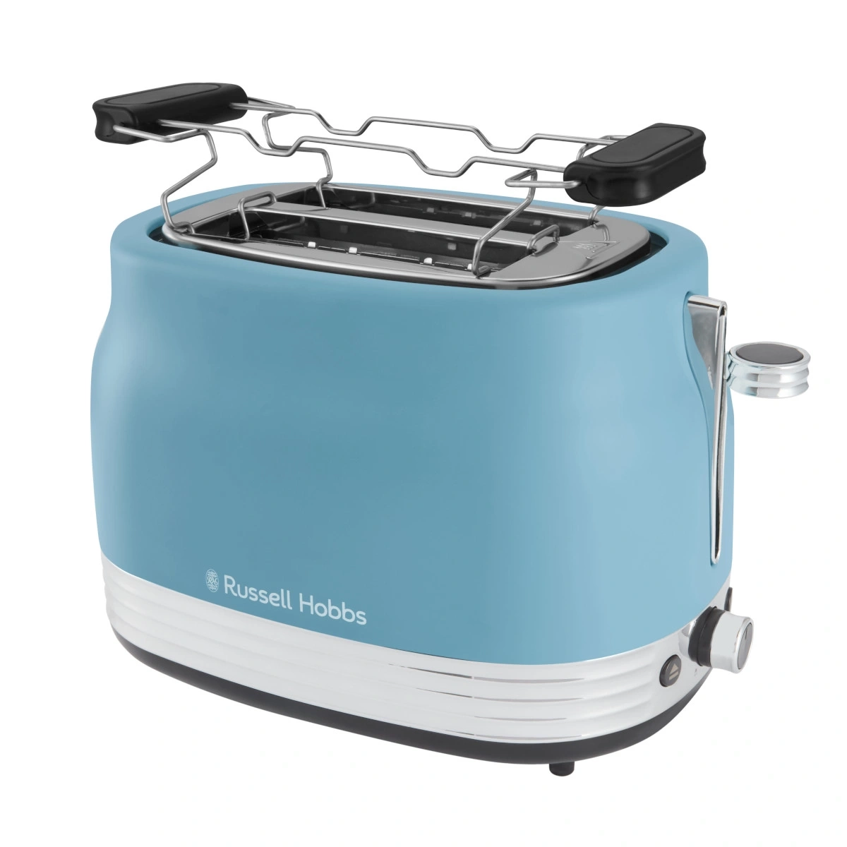 Ein blauer Russell Hobbs Toaster mit Chromdetails und Brötchenaufsatz.