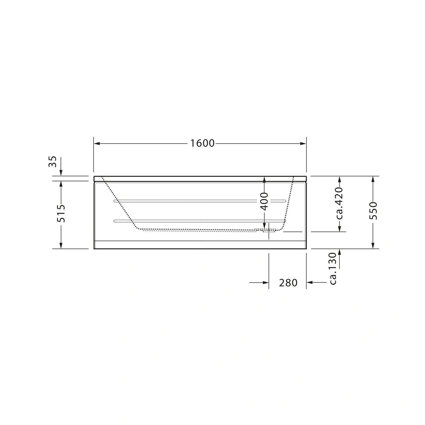 Badewanne mit Maßen: 1600x515x550mm, 35mm hoch, 400mm tief, ca. 420mm breit, ca. 130mm