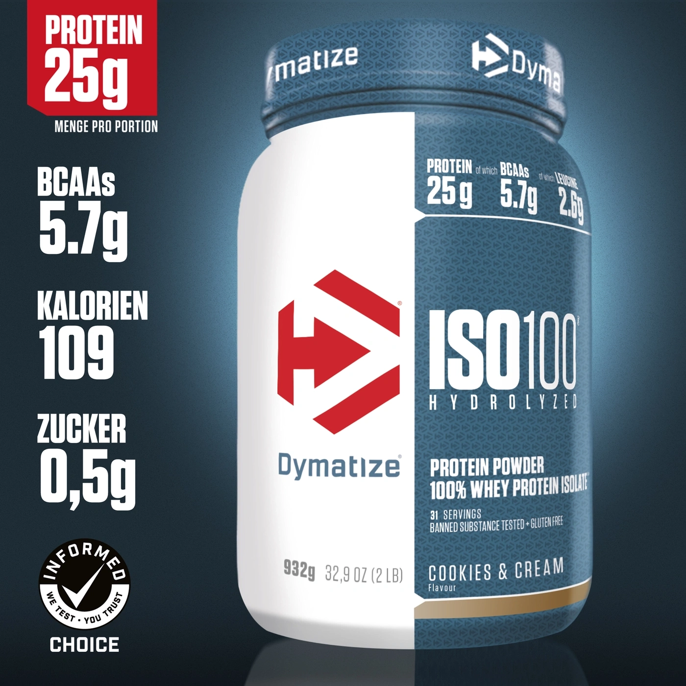 Dymatize ISO100 Protein-Pulver, 25g Protein, 5.7g BCAAs, 109 Kalorien, 0.5g Zucker, Cookies & Cream