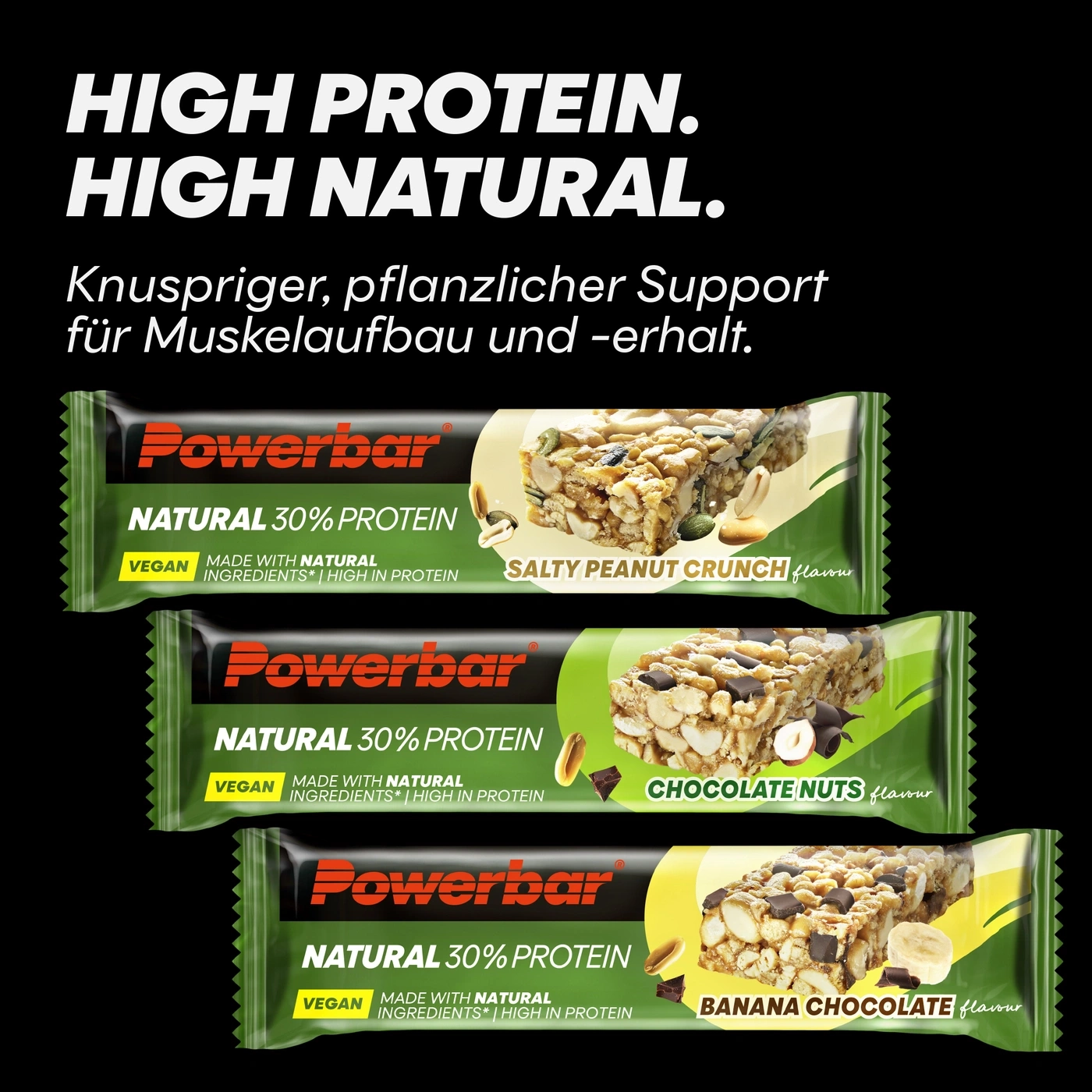 Powerbar Riegel: Salty Peanut Crunch, Chocolate Nuts, Banana Chocolate.