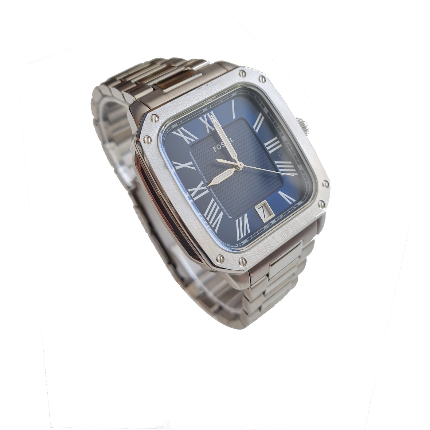 Silberne Armbanduhr mit blauem Zifferblatt und römischen Ziffern.