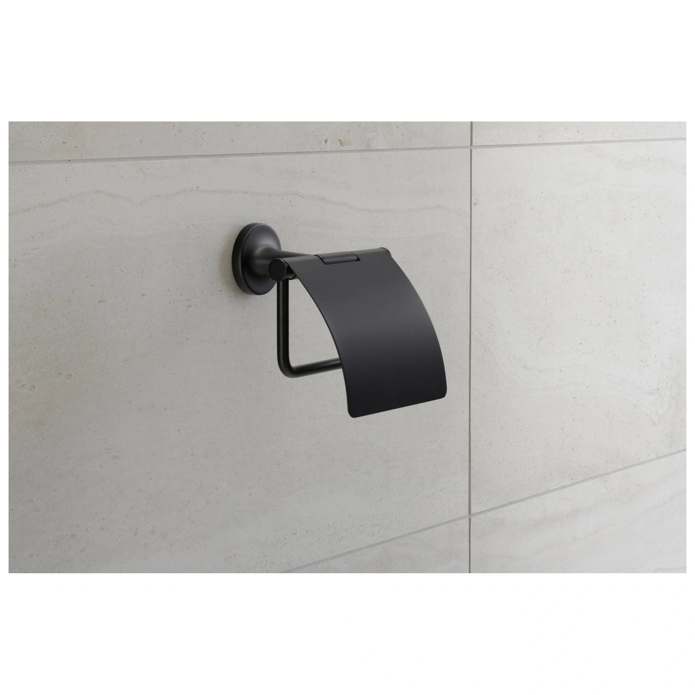 Schwarzer Toilettenpapierhalter an einer hellen Wand. Badezimmer-Accessoire.