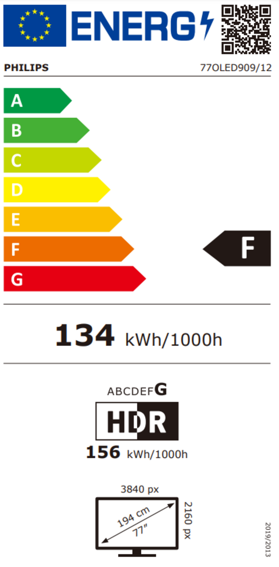 Energieeffizienzlabel für Philips Fernseher, Energieklasse F, 134 kWh/1000h