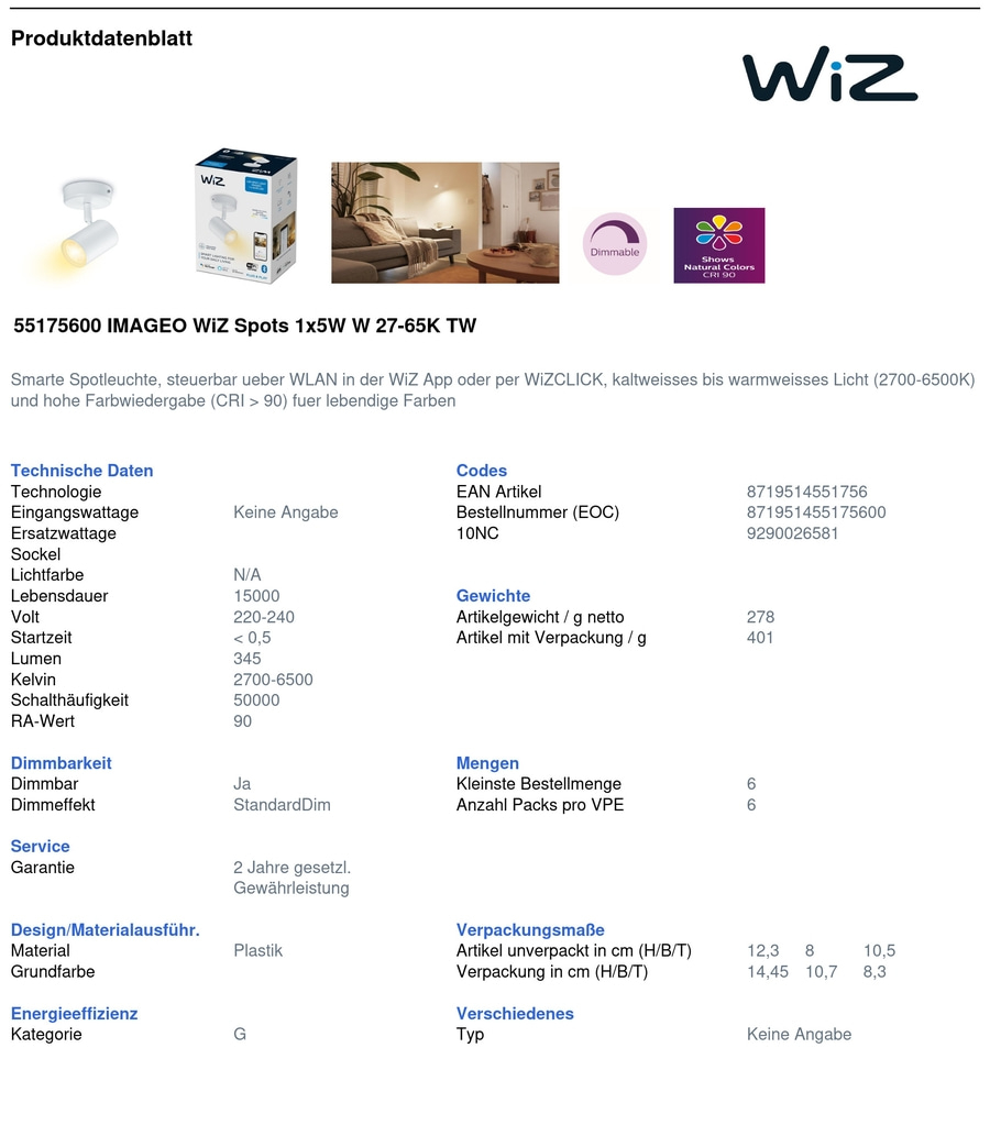 2x WIZ LED Wand- und Deckenspot Deckenleuchte Wandleuchte Weiß 1x 5W NEU