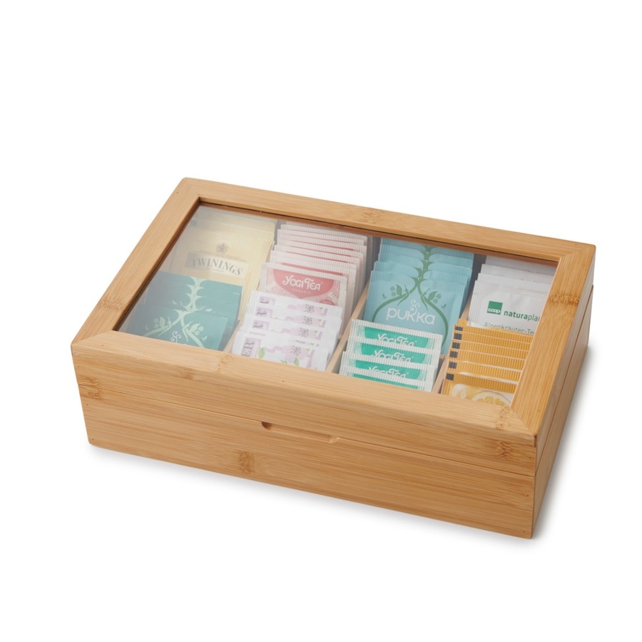 Teebox aus Holz mit verschiedenen Teebeuteln, Glasdeckel, Bambus