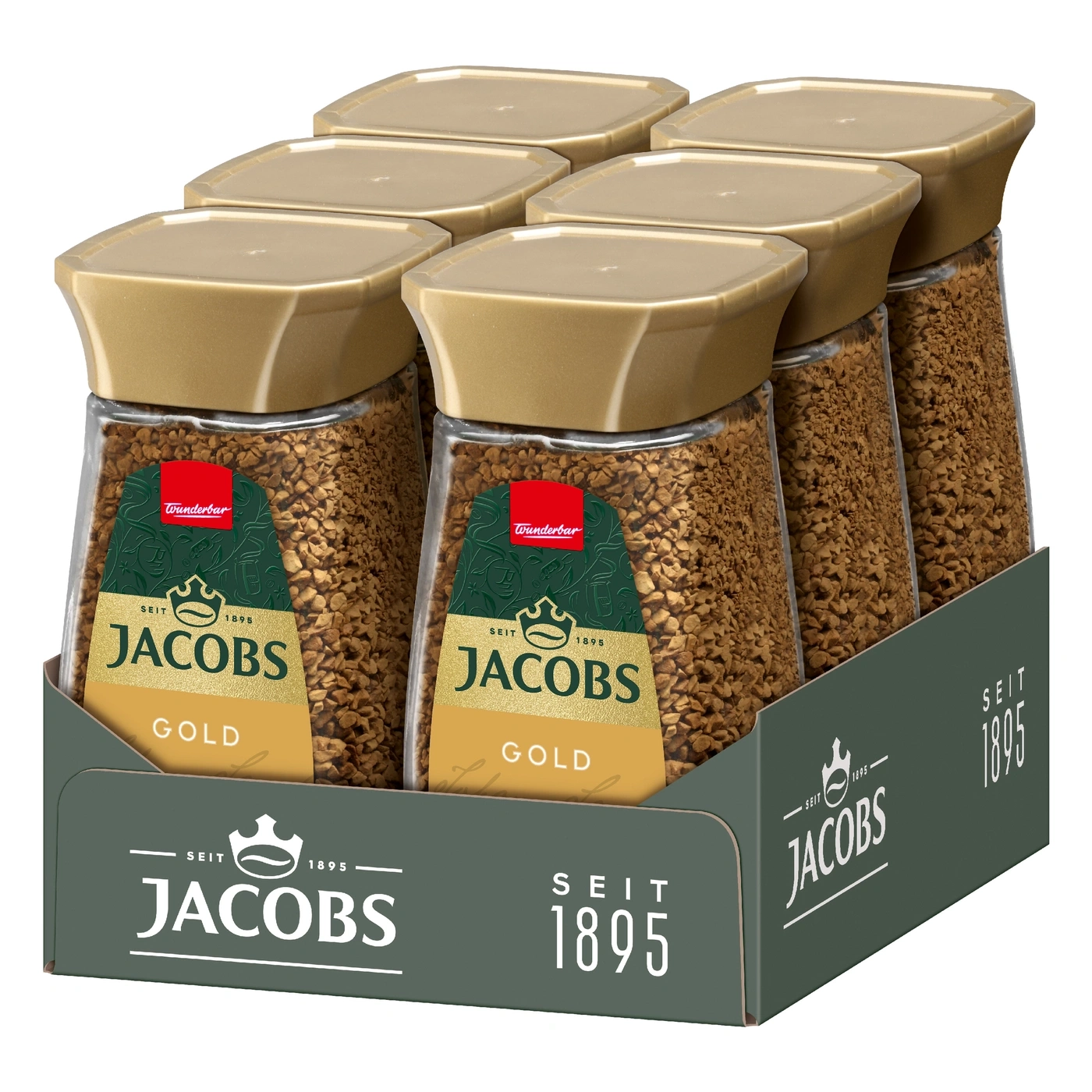 Jacobs Gold Kaffee Packung mit sechs Gläsern, bereit zum Verkauf.