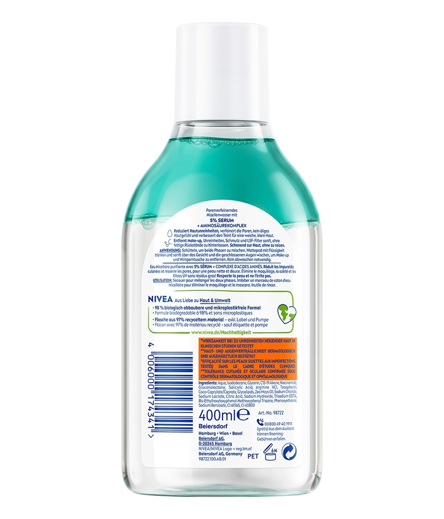 Nivea Mizellenwasser Flasche mit 5% Serum und Aminosäurekomplex, 400ml, Hautpflege