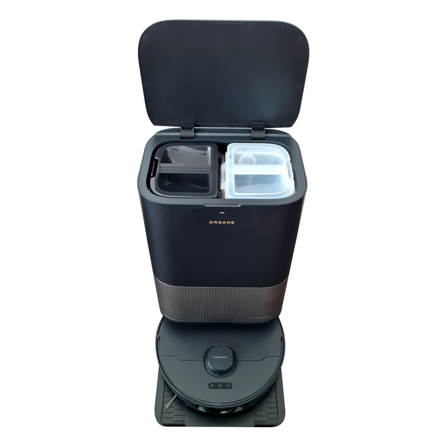 Roboterstaubsauger mit Ladestation und geöffnetem Deckel, Dreame-Marke