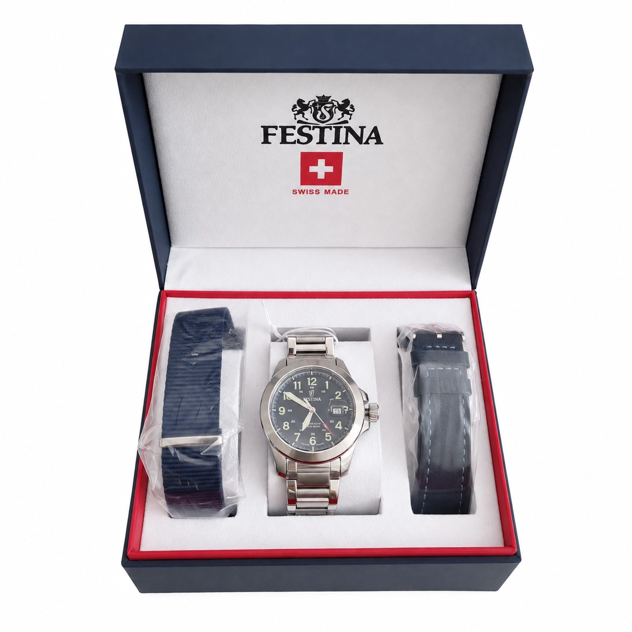 Festina-Uhr im Karton mit Ersatzarmband und Armband.