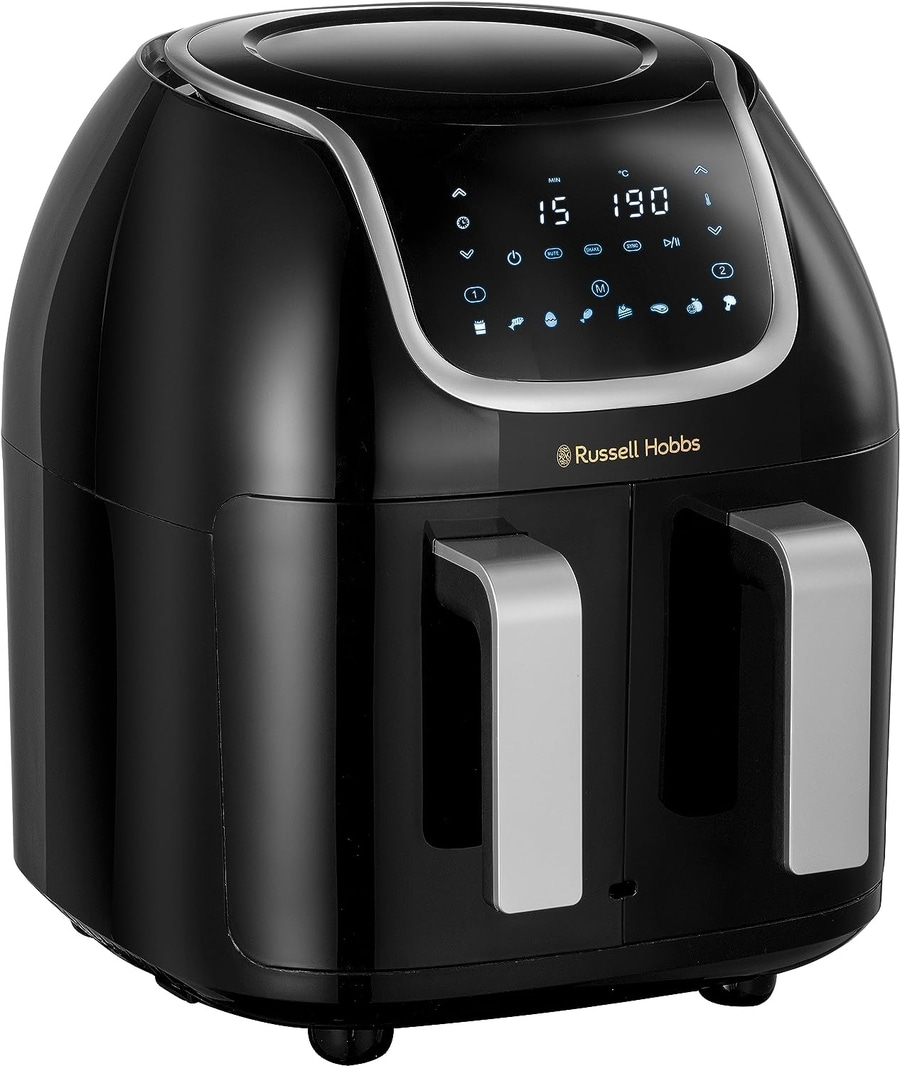 Schwarze Heißluftfritteuse mit digitalem Display und Russell Hobbs Logo.