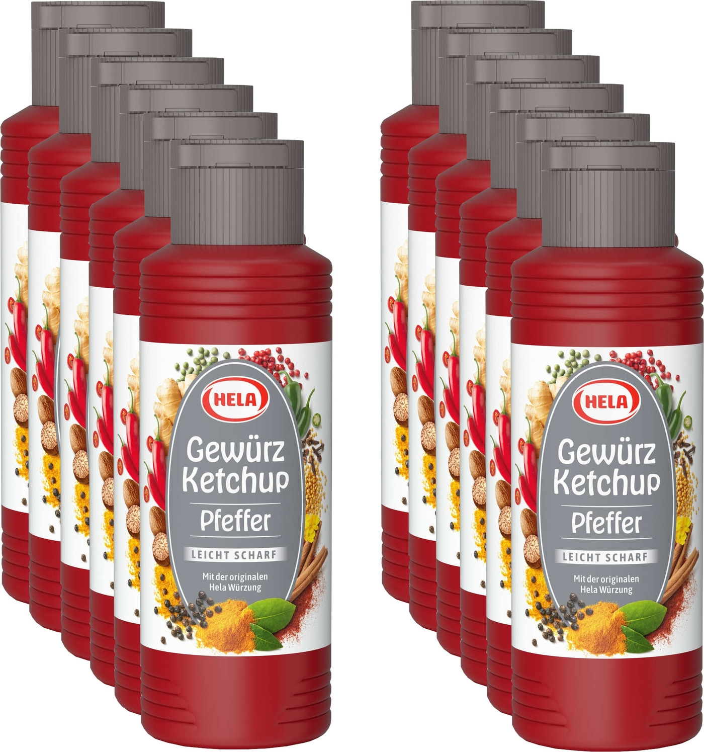 12 x Hela Ketchup Pfeffer leicht scharf Gewürzketchup 300 ml Ketchupflasche