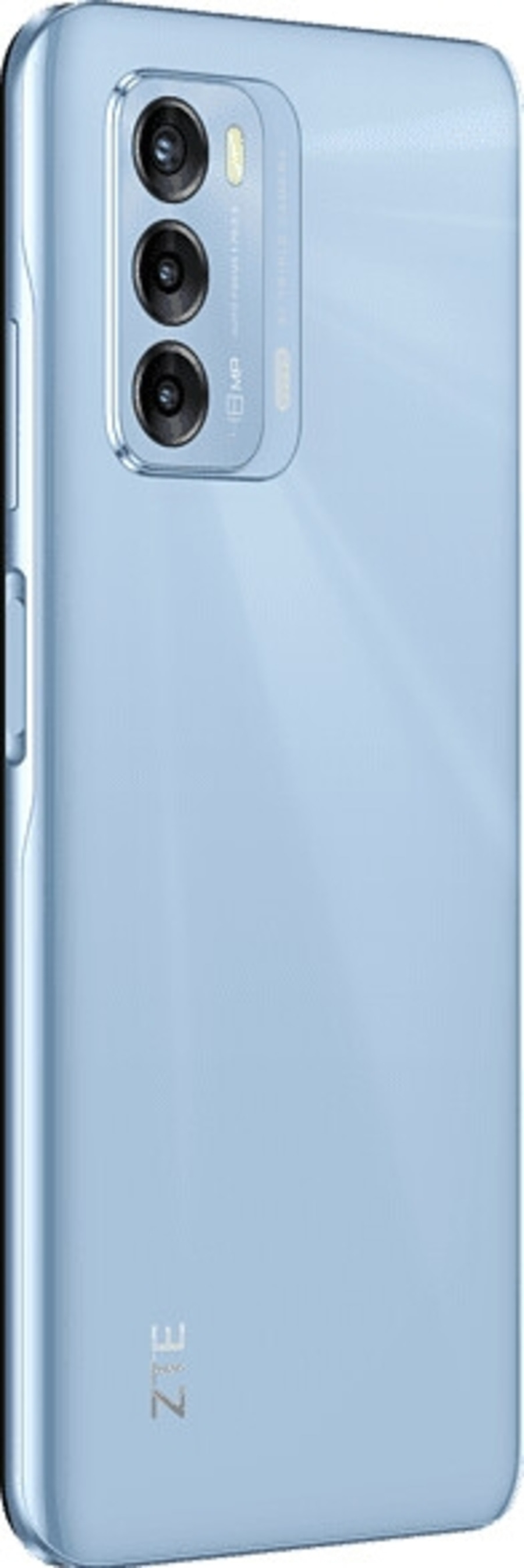 Blaues Smartphone mit drei Kameras und ZTE-Logo auf der Rückseite.