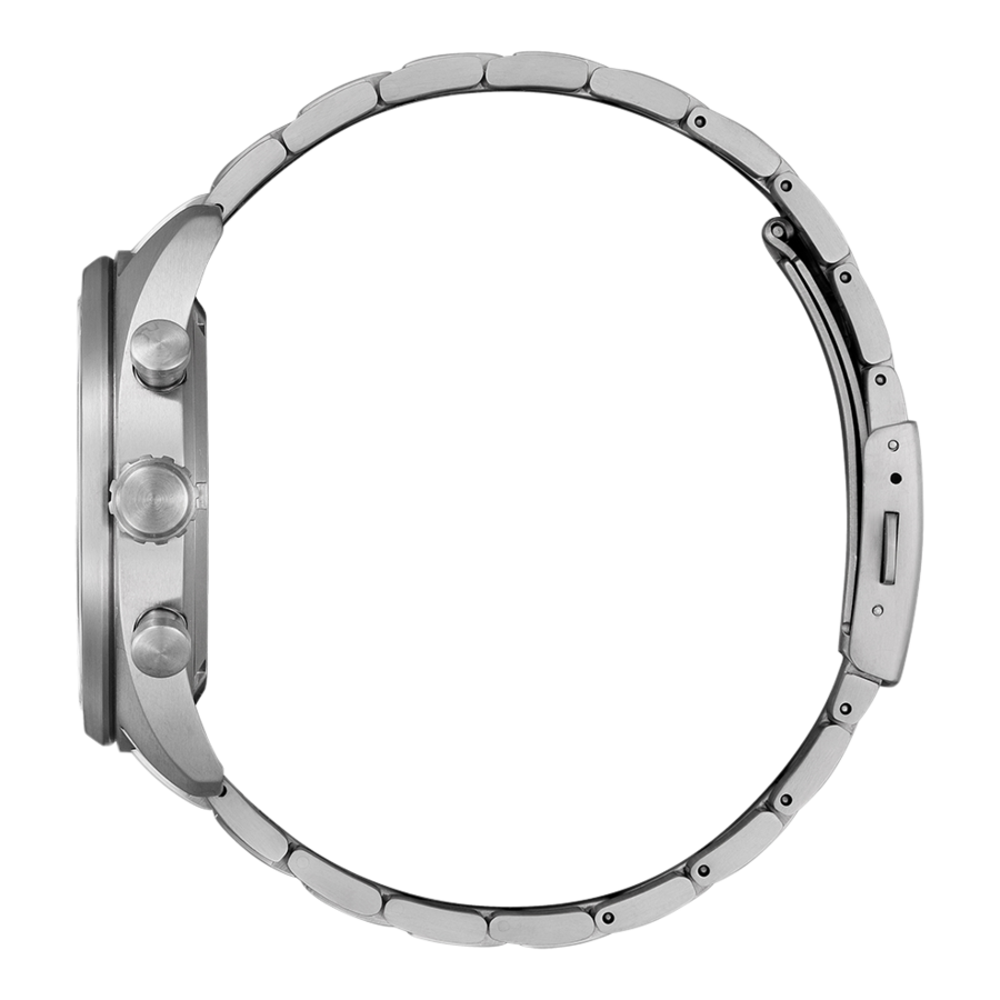 Seitenansicht einer silbernen Armbanduhr mit Metallarmband und Knöpfen