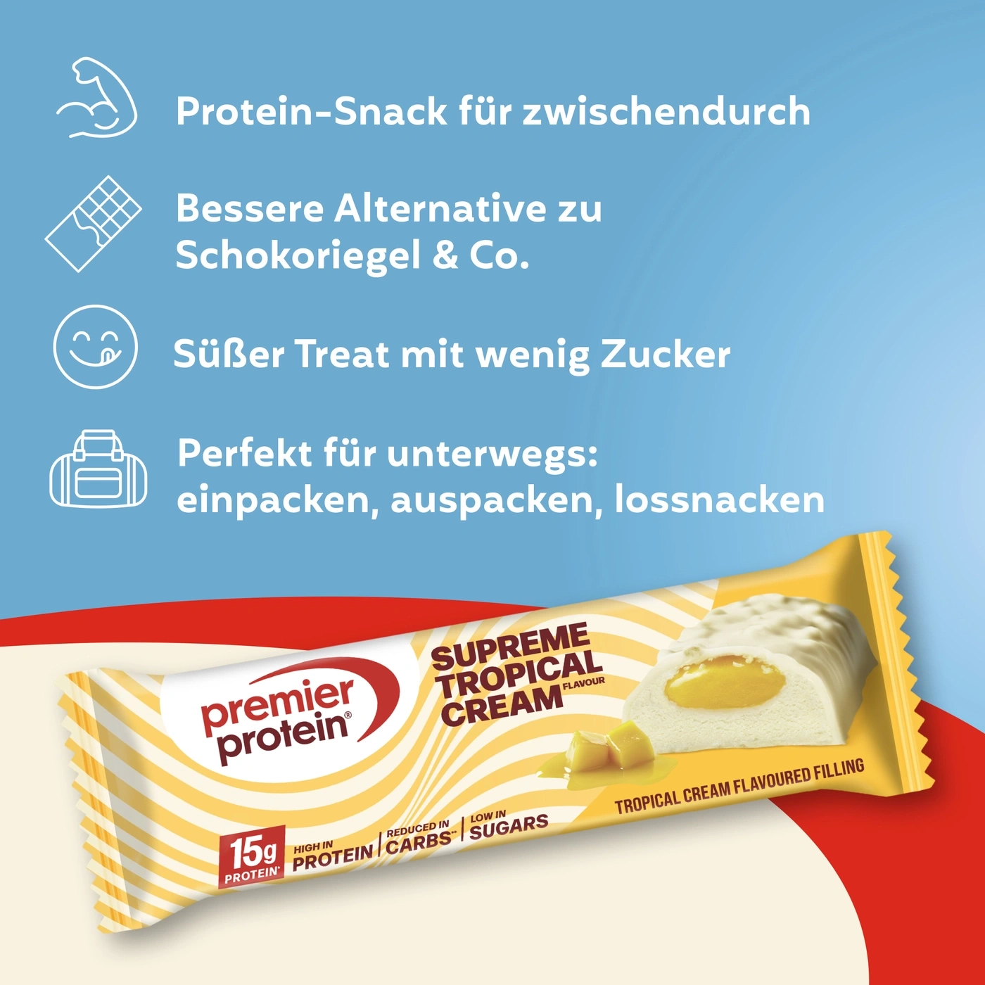 Premier Protein Riegel "Supreme Tropical Cream" mit wichtigen Nährwertangaben und Icons.