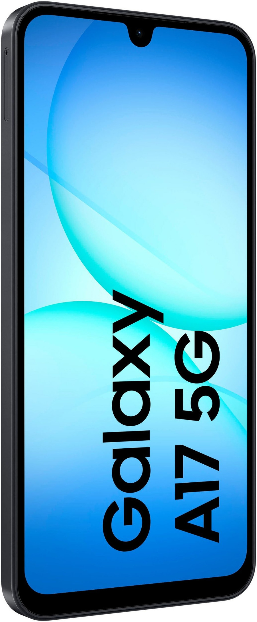 Ein schwarzes Samsung Galaxy A17 5G Smartphone mit einem blauen Hintergrund.