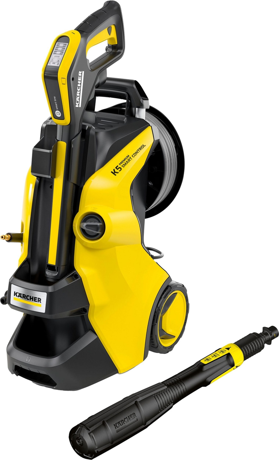 Ein gelber Kärcher Hochdruckreiniger mit schwarzem Griff und Zubehörteil daneben.