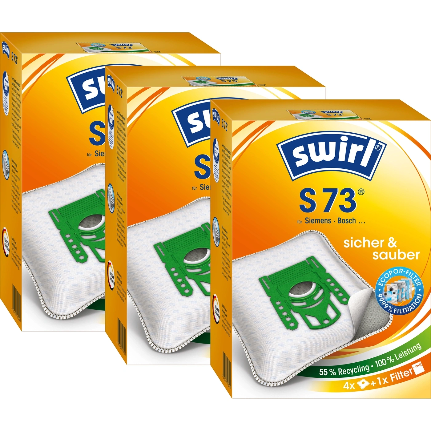 Swirl S73 Staubsaugerbeutel, 3 Packungen, sicher und sauber, 55% Recycling, 100% Leistung
