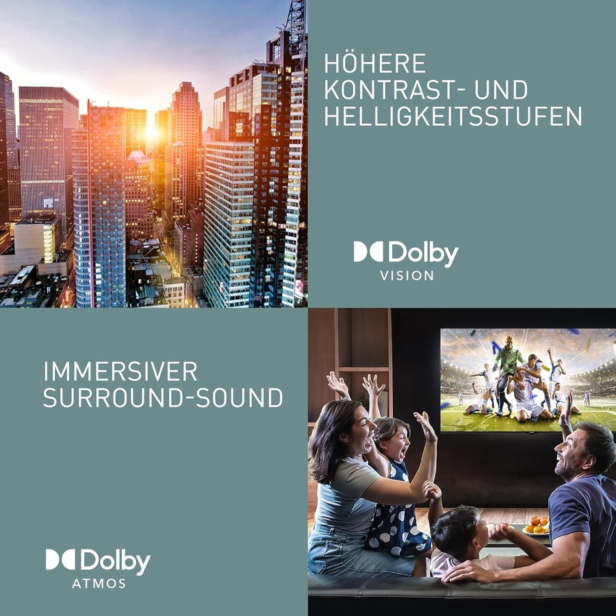 Stadtbild und Familie, die ein Fußballspiel auf einem Fernseher ansieht