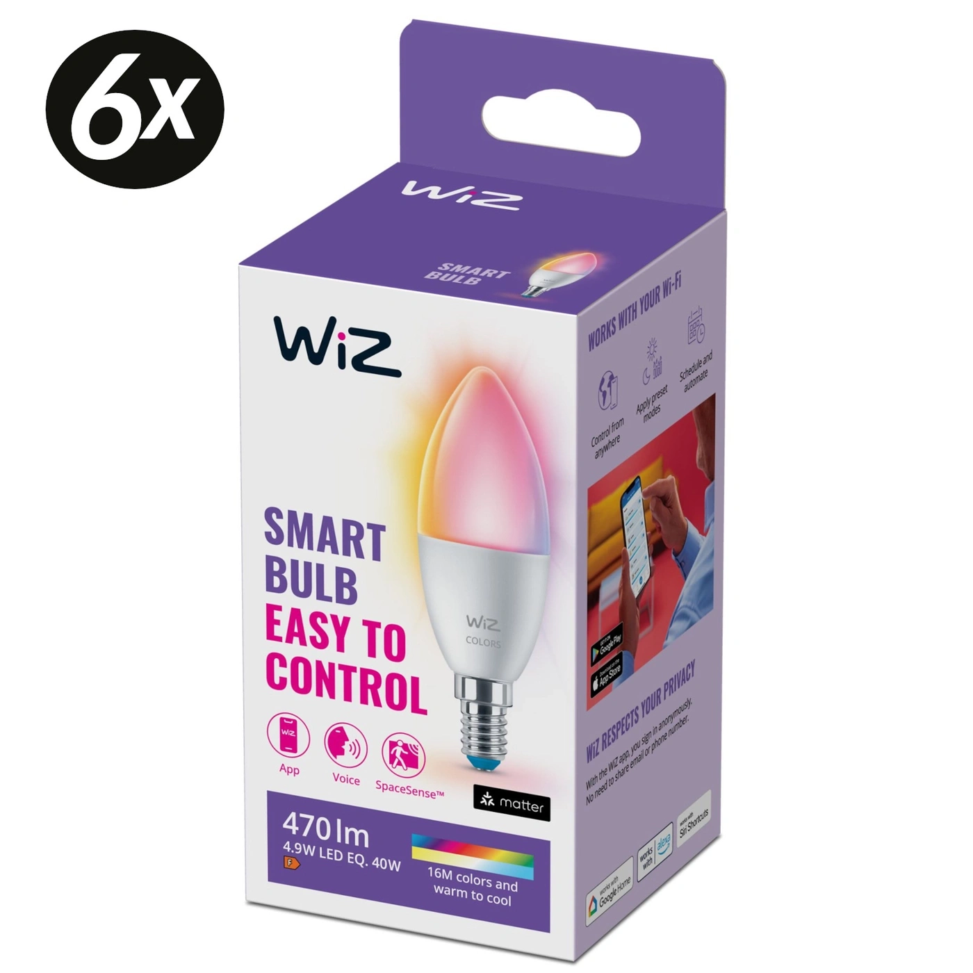Wiz Smart Bulb mit 16 Millionen Farben und warmer bis kühler Beleuchtung, einfach zu steuern über App oder Stimme.