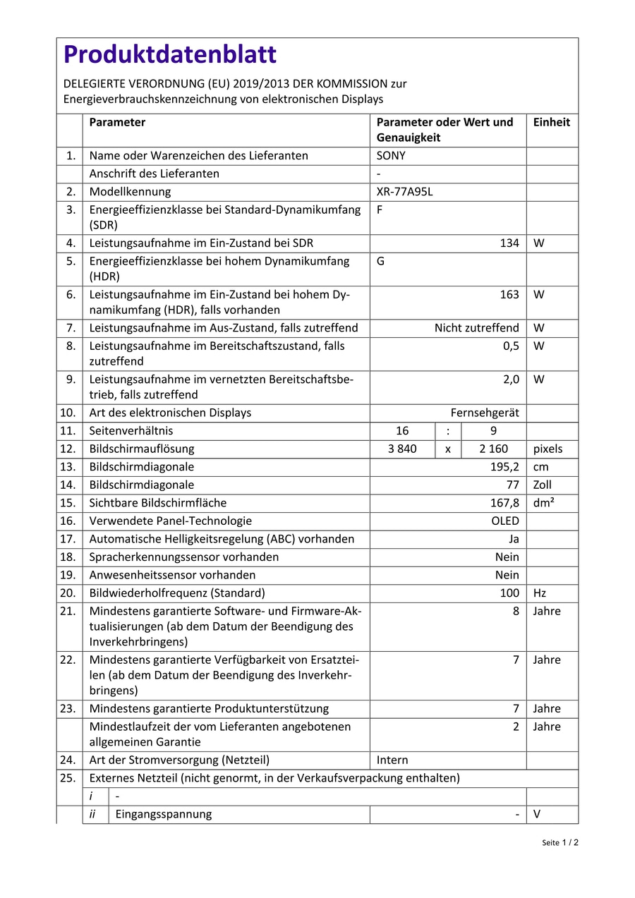 Produktdatenblatt mit technischen Parametern und Energieeffizienz.